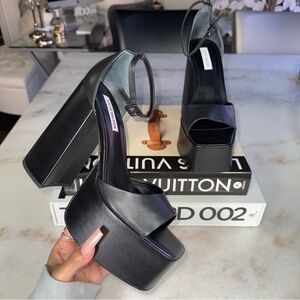 New Steve Madden Kassiani Black Leather Platform Block Heel Sandals Womens 10